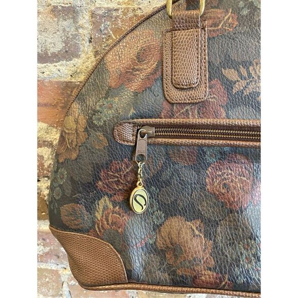 SUN Rose Floral Print Black Faux Leather Brown ‘Gator Trim Shoulder Bag - Picture 4 of 13